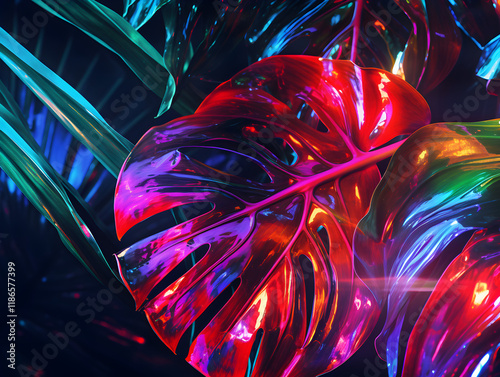 Abstract magical glowing neon background with tropical leaves