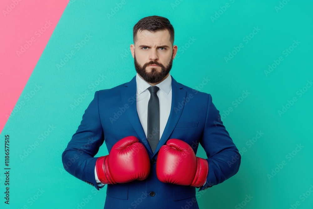 Businessman in Suit with Red Boxing Gloves Ready for Challenge Businessman in Suit with Red Boxing Gloves Ready for Challenge