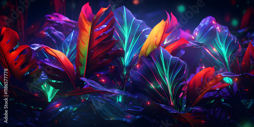 Abstract bright glowing neon background with tropical leaves