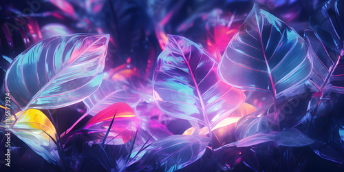 Abstract magical glowing neon background with tropical leaves