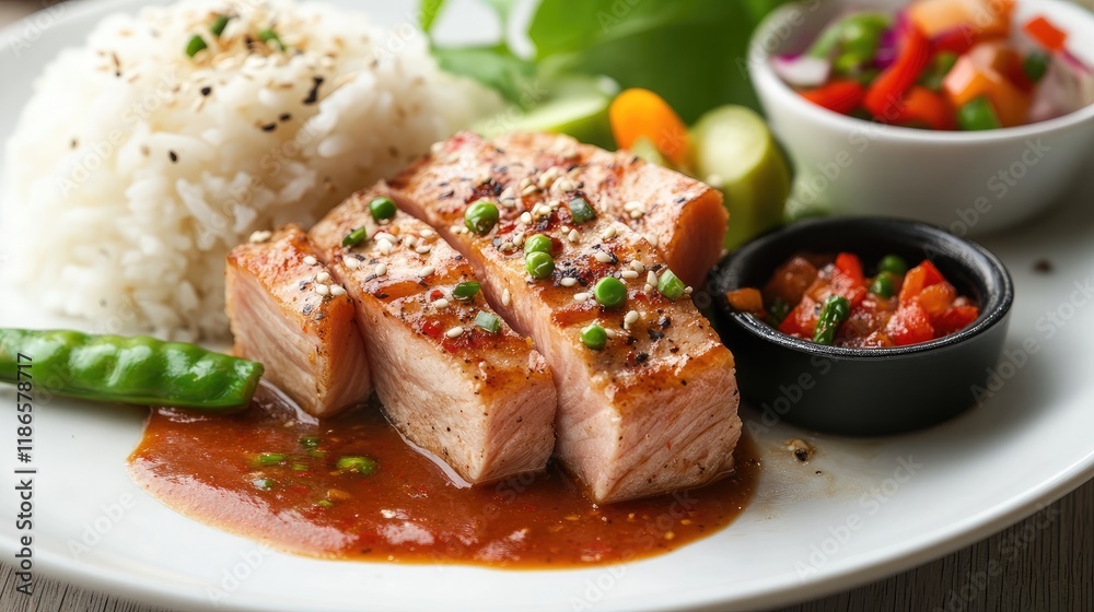 Tuna fish fillet with pepper sauce served on a white plate alongside rice fresh vegetables and colorful salsa Tuna fish fillet with pepper sauce served on a white plate alongside rice fresh vegetables and colorful salsa