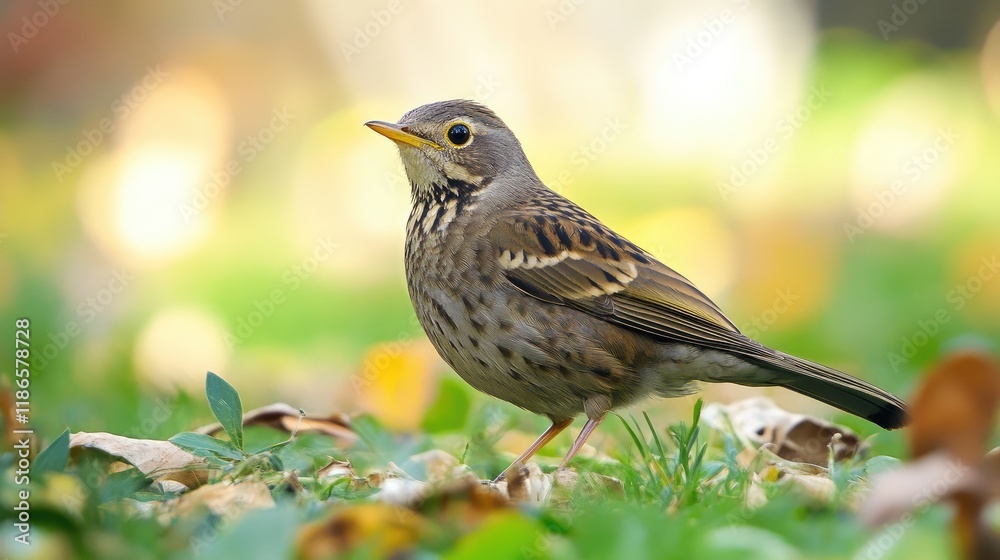 Eurasian thrush foraging in lush green grass surrounded by autumn leaves in a serene natural setting