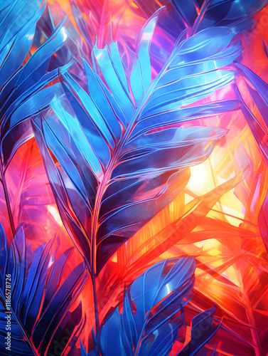 Abstract bright glowing neon background with tropical leaves