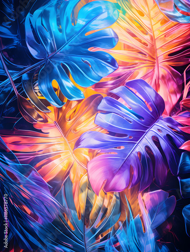 Abstract bright glowing neon background with tropical leaves