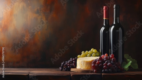 Wine bottles with assorted grapes and cheese arrangement on a rustic wooden background ideal for gourmet food and beverage advertising. photo