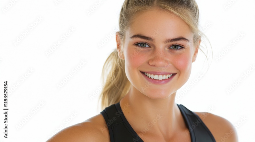 Radiant Fitness: A young woman with blonde hair pulled back in a ponytail, smiles radiantly while wearing a black sports bra, conveying health, vitality, and fitness. Radiant Fitness: A young woman with blonde hair pulled back in a ponytail, smiles radiantly while wearing a black sports bra, conveying health, vitality, and fitness.