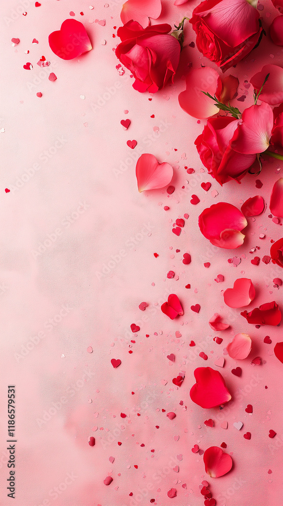 Charming Red Roses and Heart Motifs Arranged on a Soft Pink Background for Valentine’s Day Decor Charming Red Roses and Heart Motifs Arranged on a Soft Pink Background for Valentine’s Day Decor