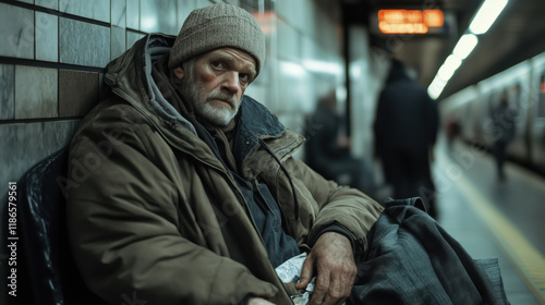 Portrait of homeless man sitting in subway.. Poor, hungry, frozen, sick homeless old man on street, social problems concept