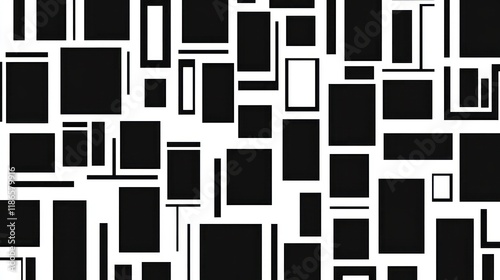 Abstract black and white geometric pattern with rectangles and lines.