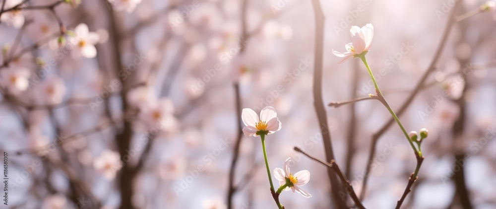 Sunlit blossoms on branches with a soft, blurred background Sunlit blossoms on branches with a soft, blurred background