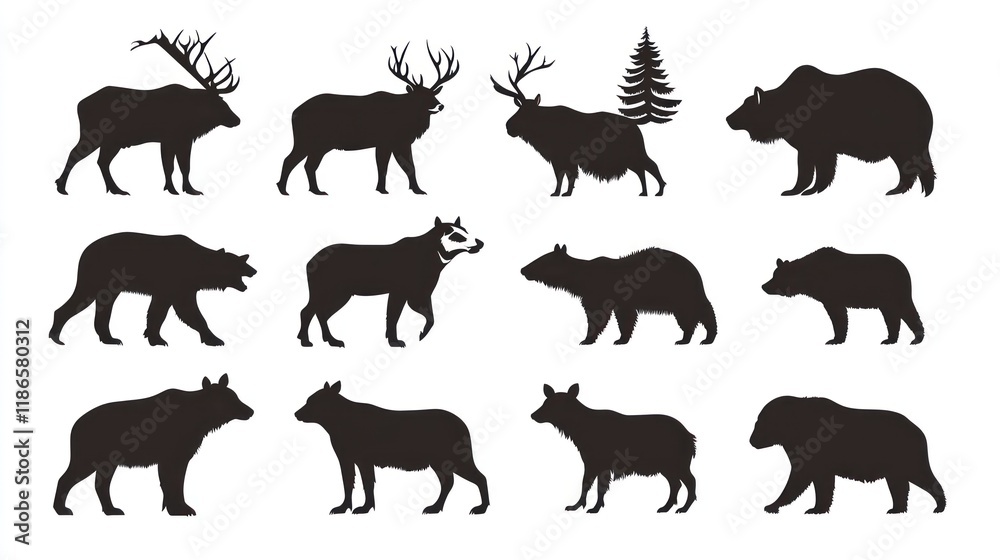 Fototapeta premium Twelve wildlife silhouettes elk, bear, wolf, tree.