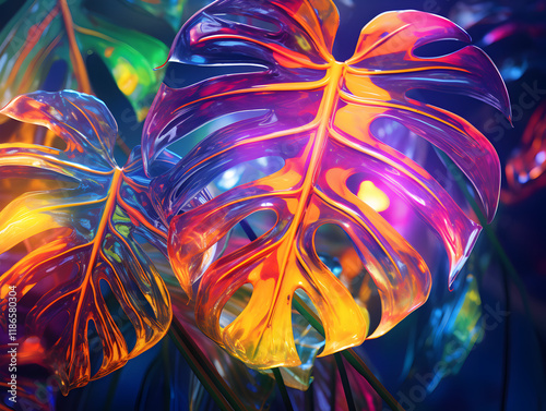 Abstract bright glowing neon background with tropical leaves