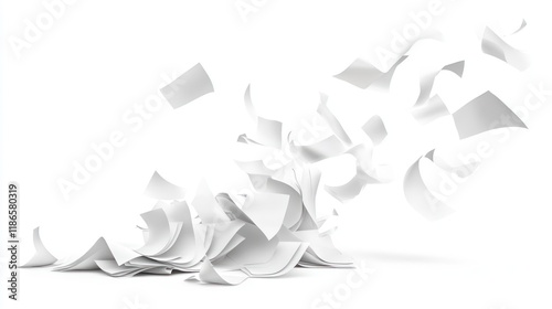 White papers scattered and flying in the air on white background.