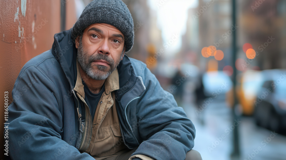 Portrait of homeless man sitting on the street. Poor, hungry, frozen, sick homeless old man on street, social problems concept Portrait of homeless man sitting on the street. Poor, hungry, frozen, sick homeless old man on street, social problems concept