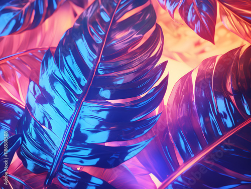 Abstract bright glowing neon background with tropical leaves