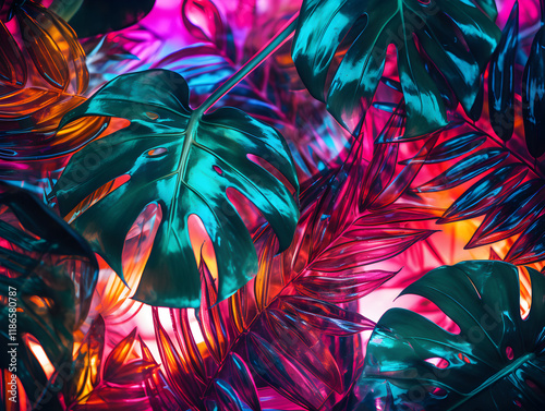 Abstract bright glowing neon background with tropical leaves