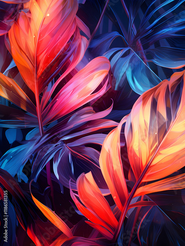 Abstract creative neon background with tropical leaves