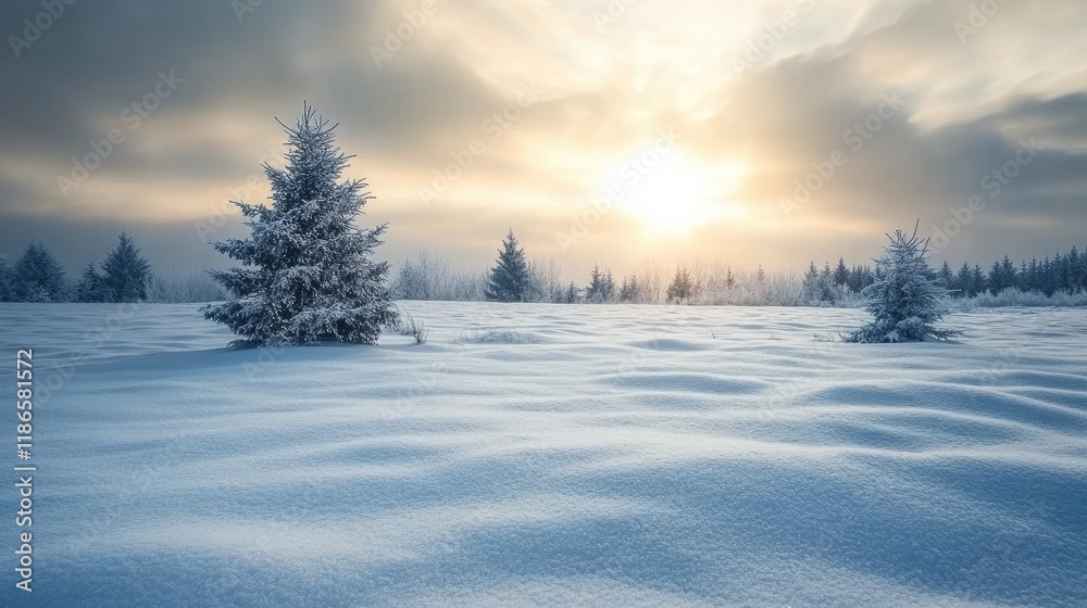 Winter landscape with snow-covered fields under a gray sky featuring evergreen trees and a soft, illuminated horizon at sunset. Winter landscape with snow-covered fields under a gray sky featuring evergreen trees and a soft, illuminated horizon at sunset.