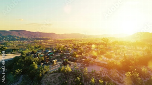 Golden Hour Panorama: A breathtaking aerial view of a small town nestled amidst rolling hills, bathed in the warm glow of a golden sunset. The landscape stretches out before you. photo