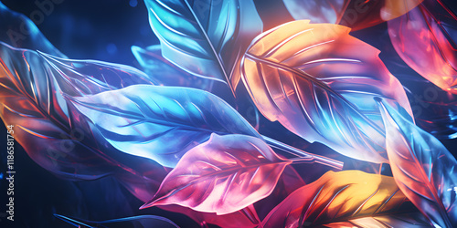 Abstract pastel neon background with tropical leaves