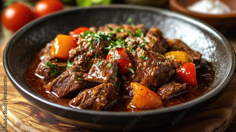 Braised Beef in Rich Tomato Sauce Garnished with Fresh Herbs and Colorful Peppers in a Rustic Bowl Braised Beef in Rich Tomato Sauce Garnished with Fresh Herbs and Colorful Peppers in a Rustic Bowl
