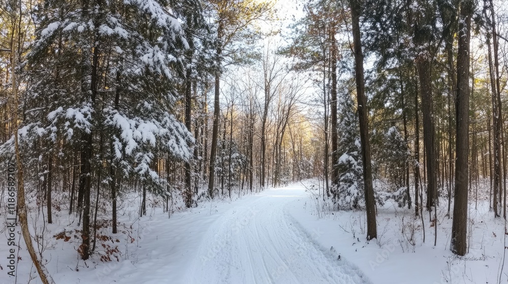 Winter forest path surrounded by snow-covered trees creating a serene and tranquil atmosphere in a peaceful woodland landscape. Winter forest path surrounded by snow-covered trees creating a serene and tranquil atmosphere in a peaceful woodland landscape.