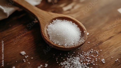 White Sugar Piled in a Wooden Spoon Placed on a Rustic Brown Table Setting photo