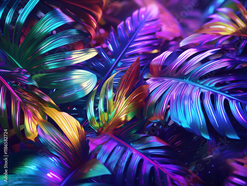 Abstract bright glowing neon background with tropical leaves