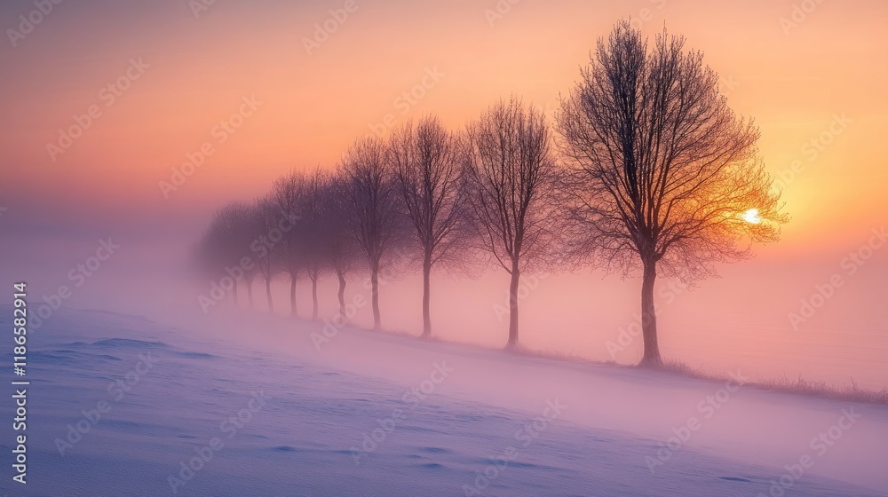 Foggy Winter Sunrise with Frosty Trees and Snow-Covered Landscape in Serene Atmosphere Foggy Winter Sunrise with Frosty Trees and Snow-Covered Landscape in Serene Atmosphere