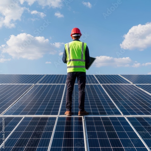 Wallpaper Mural Worker Inspects Solar Panels Under Clear Blue Sky On Bright Day Torontodigital.ca
