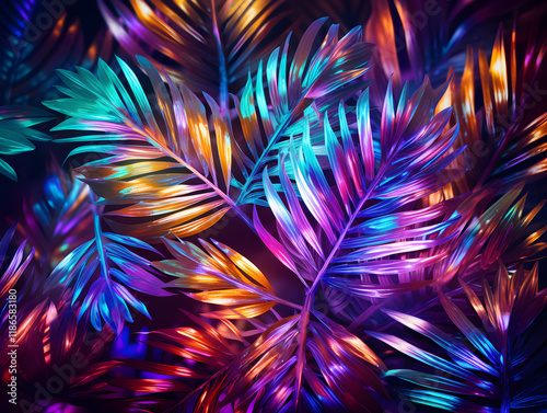 Abstract bright glowing neon background with tropical leaves