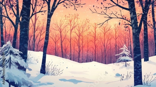 Serene winter evening in snowy woods with silhouettes of trees against a colorful sunset sky in a tranquil forest landscape. photo