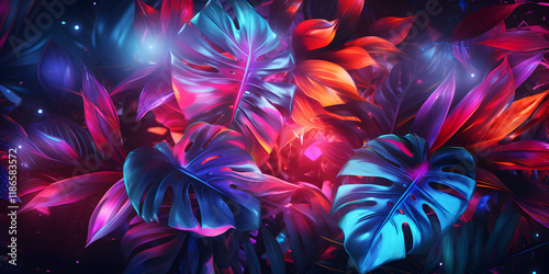 Abstract shiny glitter neon background with tropical leaves
