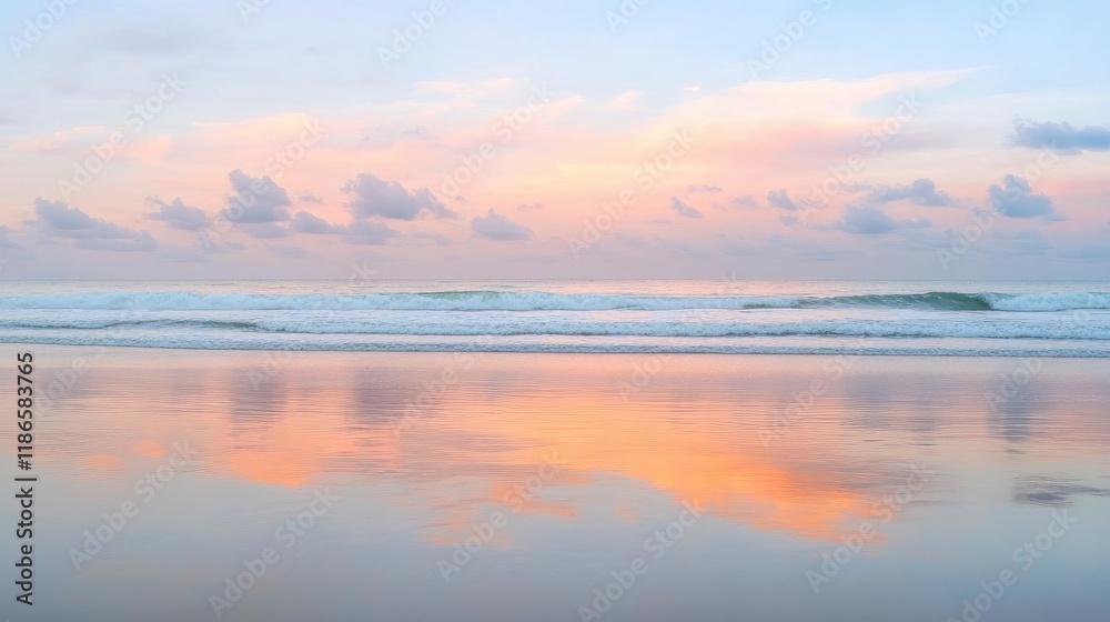 Fototapeta premium Serene ocean with gentle waves and soft pink sunset hues reflecting on calm water surface creating a tranquil coastal scene