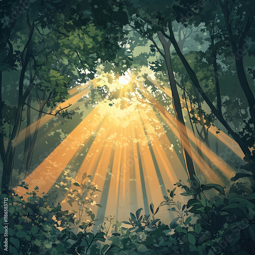 Magical Sunbeams Streaming Through Lush Green Forest Canopy