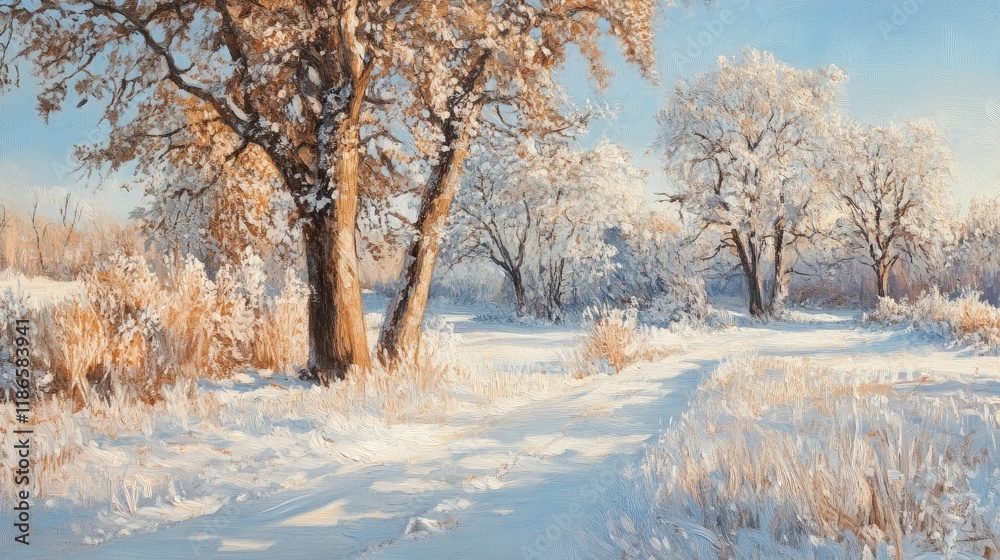 winter landscape with frosted oaks and sunlight illuminating snowy paths in a serene morning setting winter landscape with frosted oaks and sunlight illuminating snowy paths in a serene morning setting