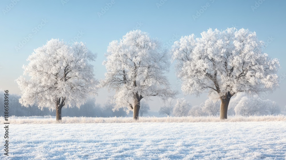 Frosty Meadow with Majestic Oak Trees Surrounded by Snowy Landscape Under Clear Winter Sky Frosty Meadow with Majestic Oak Trees Surrounded by Snowy Landscape Under Clear Winter Sky