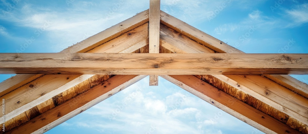 Obraz premium Wooden framing beams in construction highlighting structural details and progress against a clear blue sky backdrop.