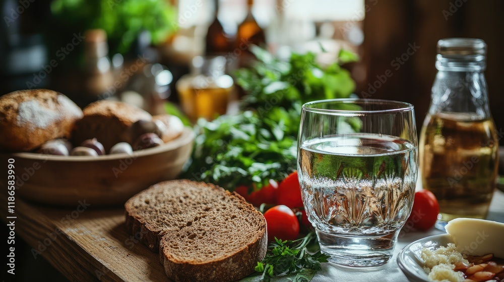 Vodka glass on rustic table with traditional rye bread fresh ingredients and homemade food showcasing local culinary culture Vodka glass on rustic table with traditional rye bread fresh ingredients and homemade food showcasing local culinary culture