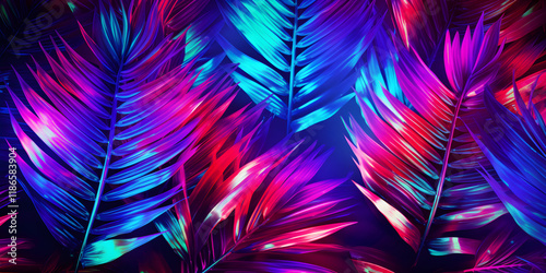 Abstract bright glowing neon background with tropical leaves