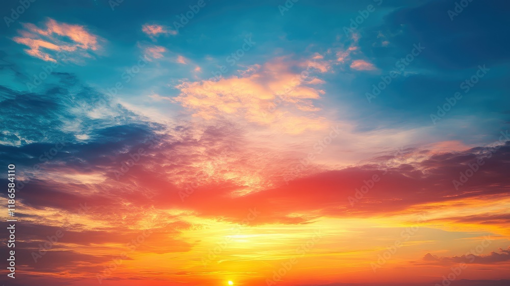 Fototapeta premium Vibrant Colorful Summer Sunset Over Ocean Sky with Dramatic Cloud Formation