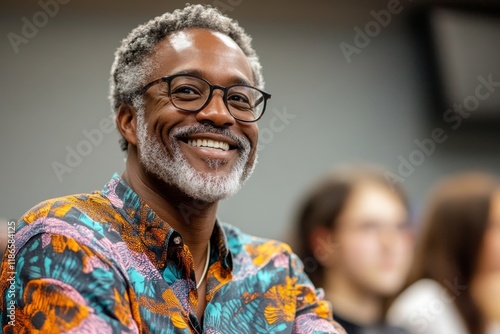 Happy African American professor teaches group of college students in classroom. Generative AI