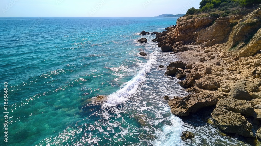 Obraz premium Turquoise Mediterranean coastline with gentle summer waves perfect for landscape backgrounds or travel related design projects