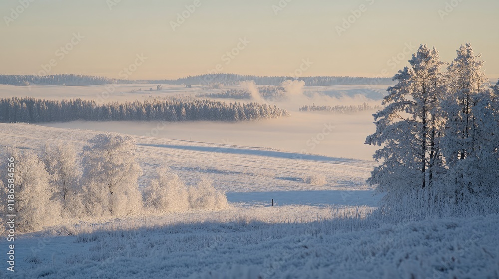 Serene winter landscape with snow-covered trees and misty mountains near ski area at dawn creating a tranquil and picturesque scene Serene winter landscape with snow-covered trees and misty mountains near ski area at dawn creating a tranquil and picturesque scene