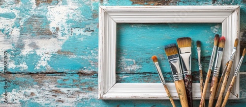 Artistic tools arranged beside a vintage white frame on a rustic wooden background showcasing creativity and inspiration in art. photo