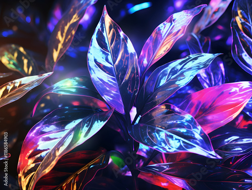 Abstract shiny glitter neon background with tropical leaves