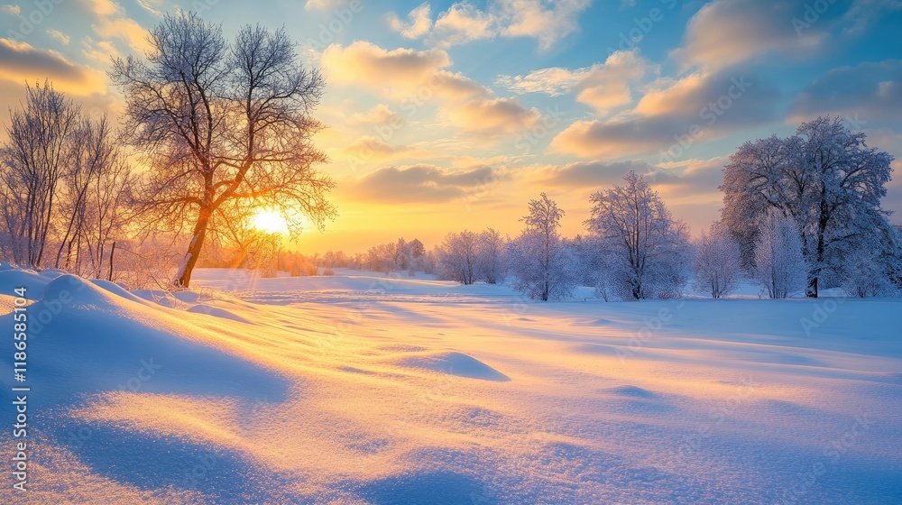 Serene winter landscape with a snow-covered field illuminated by a vibrant sunset and frosty trees under a colorful sky Serene winter landscape with a snow-covered field illuminated by a vibrant sunset and frosty trees under a colorful sky