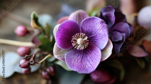 Beautiful violet flower arrangement featuring buttonhole details with lush foliage and subtle berry accents ideal for floral design. photo