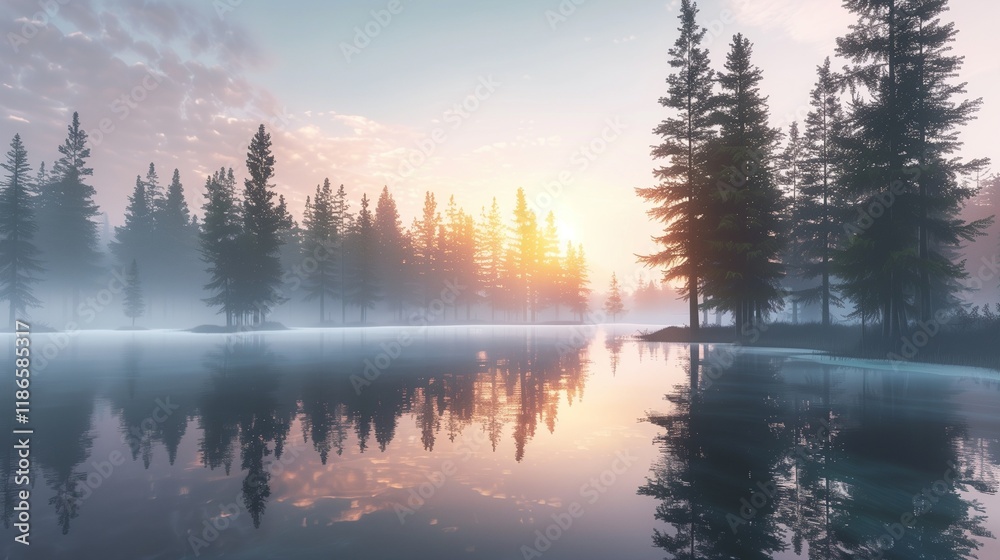 A tranquil lake at sunrise, with mist hovering above the water and tall pine trees reflecting on the surface. A tranquil lake at sunrise, with mist hovering above the water and tall pine trees reflecting on the surface.