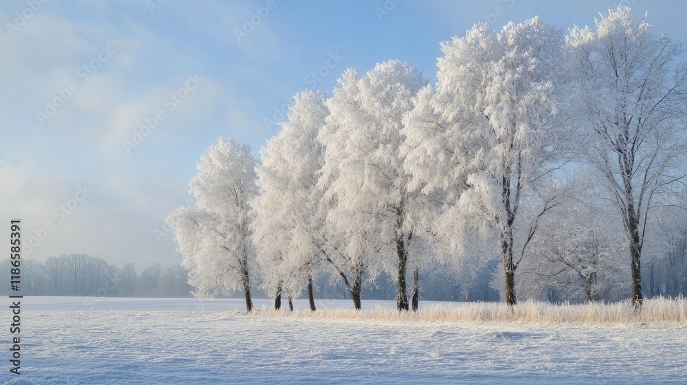 Serene winter landscape featuring frosty white trees under a blue sky with soft light and snow-covered ground in tranquil nature scene Serene winter landscape featuring frosty white trees under a blue sky with soft light and snow-covered ground in tranquil nature scene